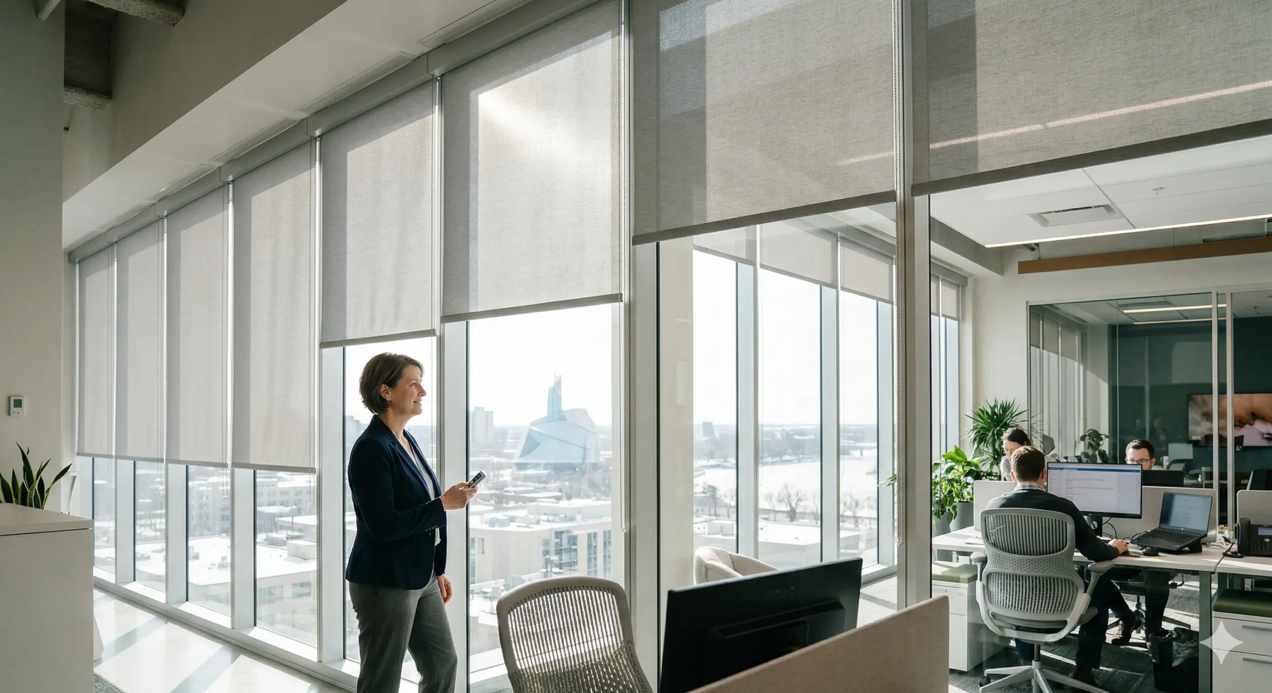 Modern commercial office with large windows and roller shades installed by Boyd's Blinds