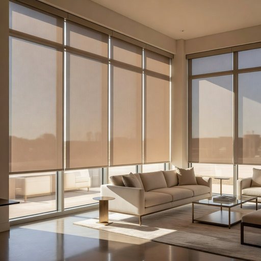 Commercial roller shades filtering daylight in a modern lounge space