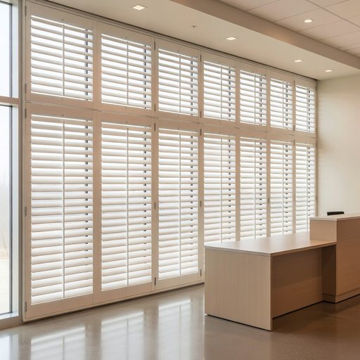 Plantation shutters installed across a commercial interior window wall