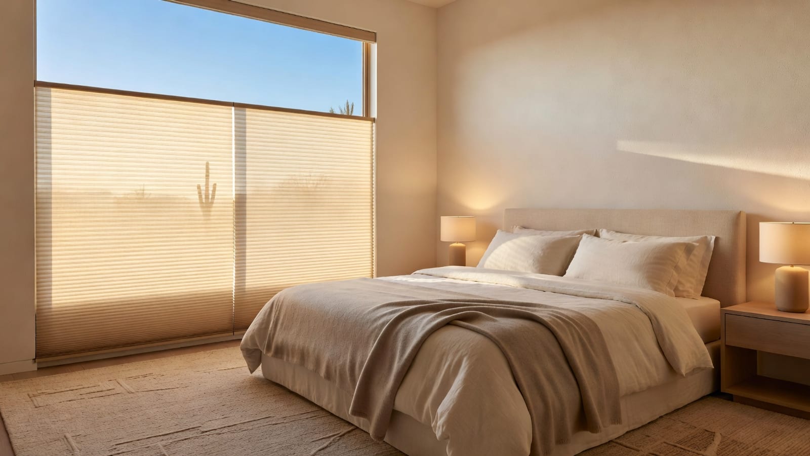 Cellular shades softening bright Arizona sun in a bedroom.