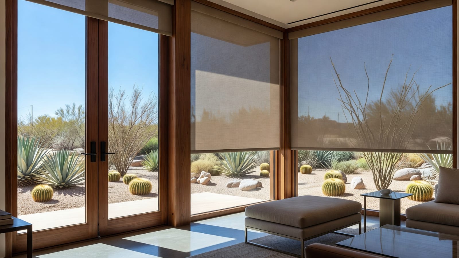 Solar shades reducing glare on Phoenix patio doors.
