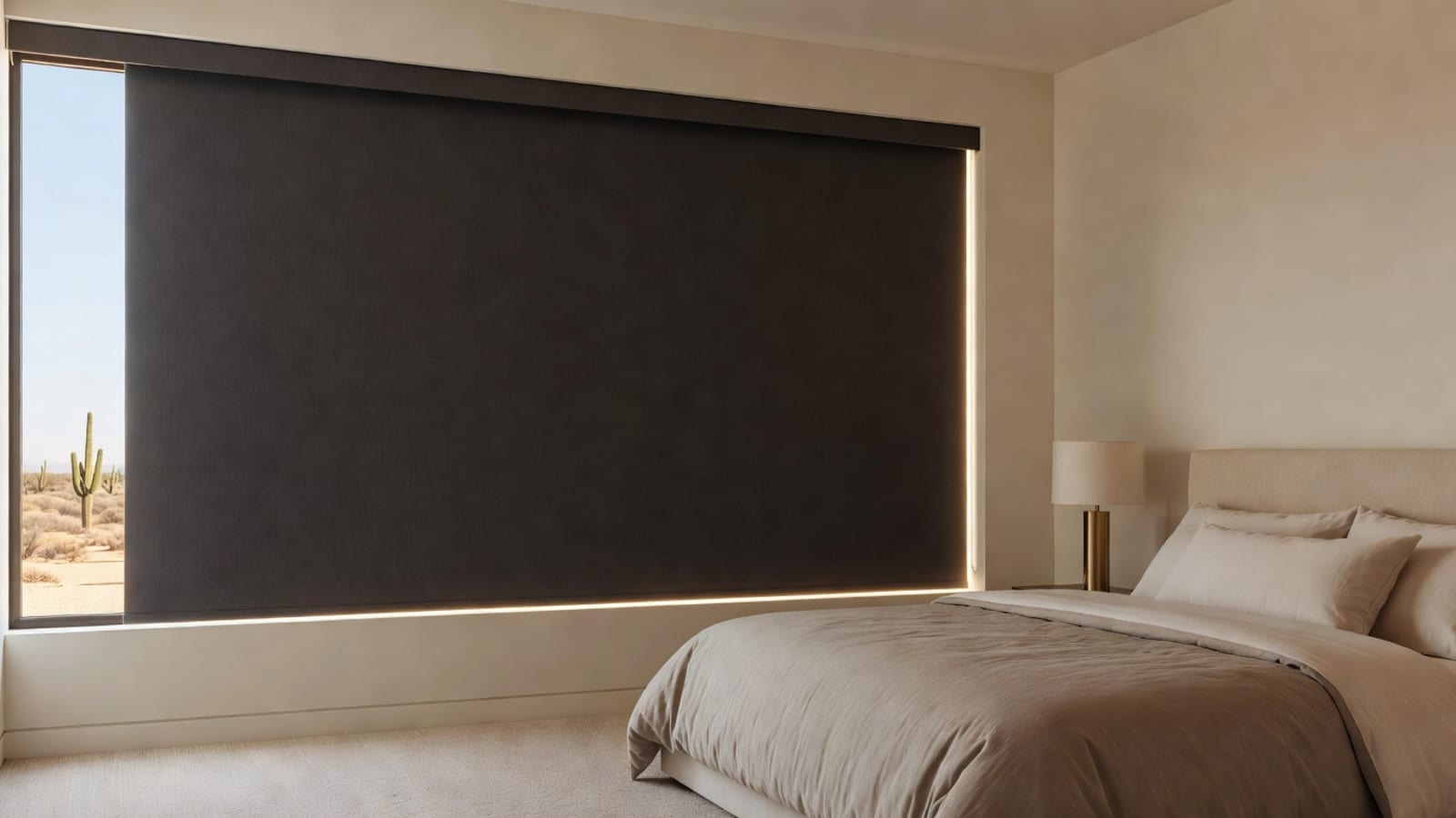 Blackout roller shade creating a dark bedroom in bright Phoenix daylight.