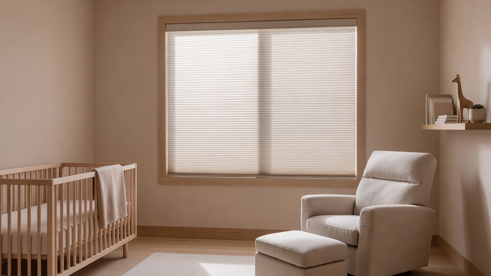 Cordless blackout shade in a calm nursery.