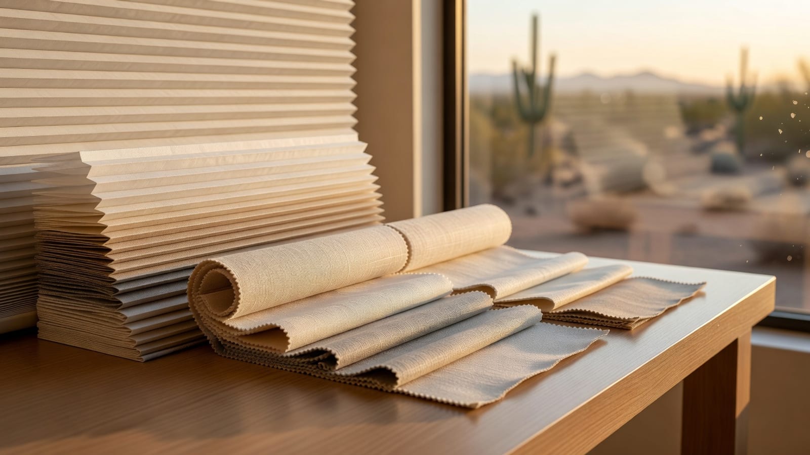 Close-up of cellular and roller shade fabric samples.