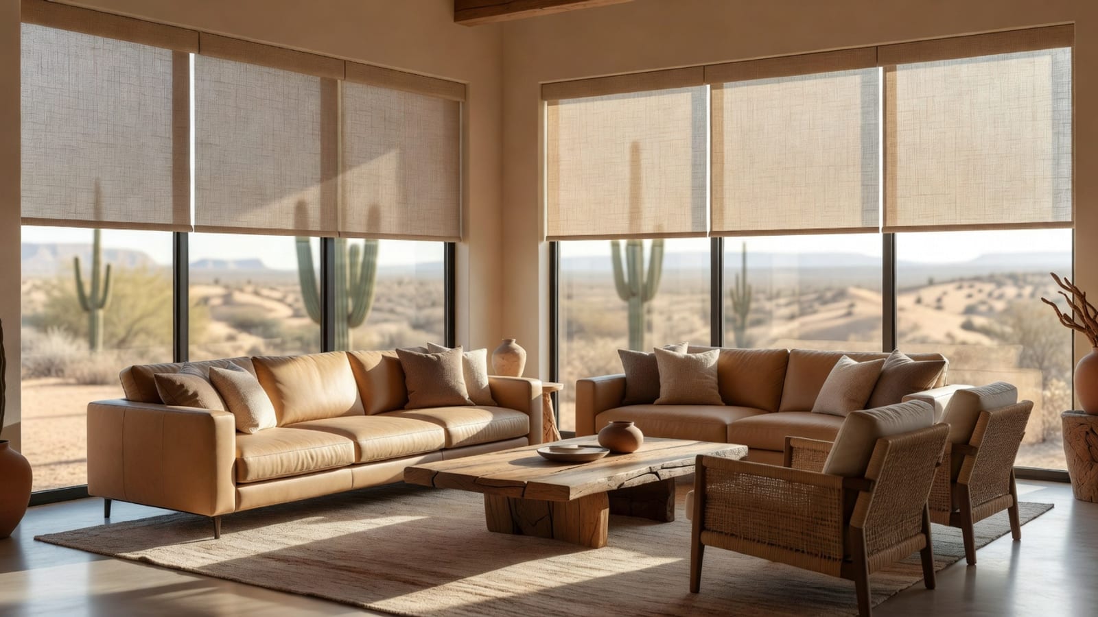 Solar roller shades filtering glare in a bright Phoenix living room.