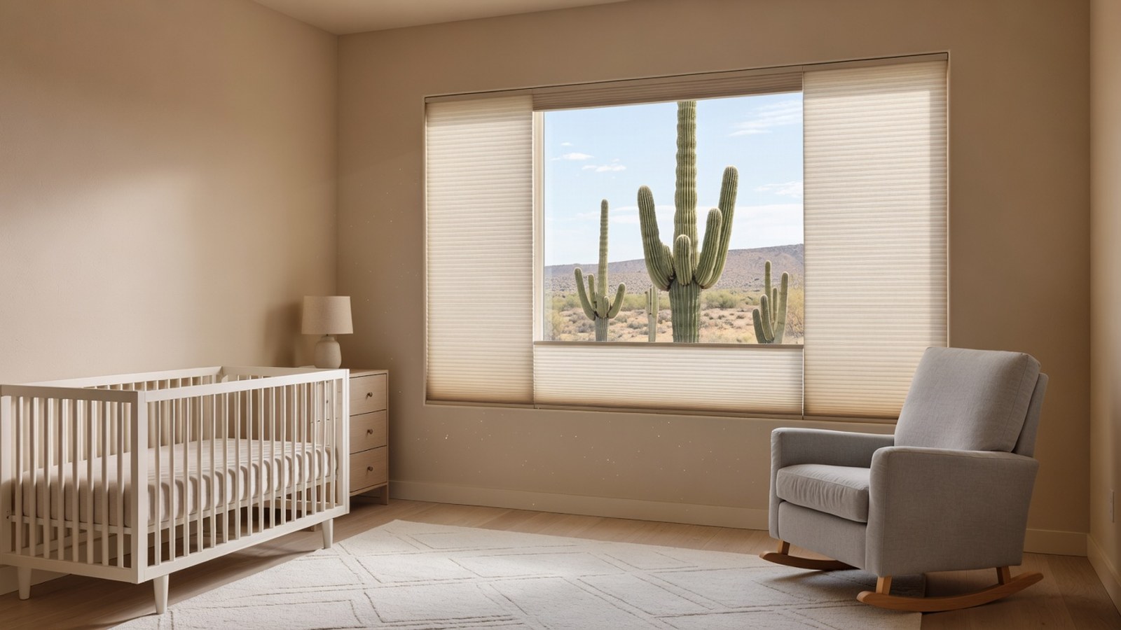 Cordless cellular shade in a clean Phoenix bedroom designed for safer family living.