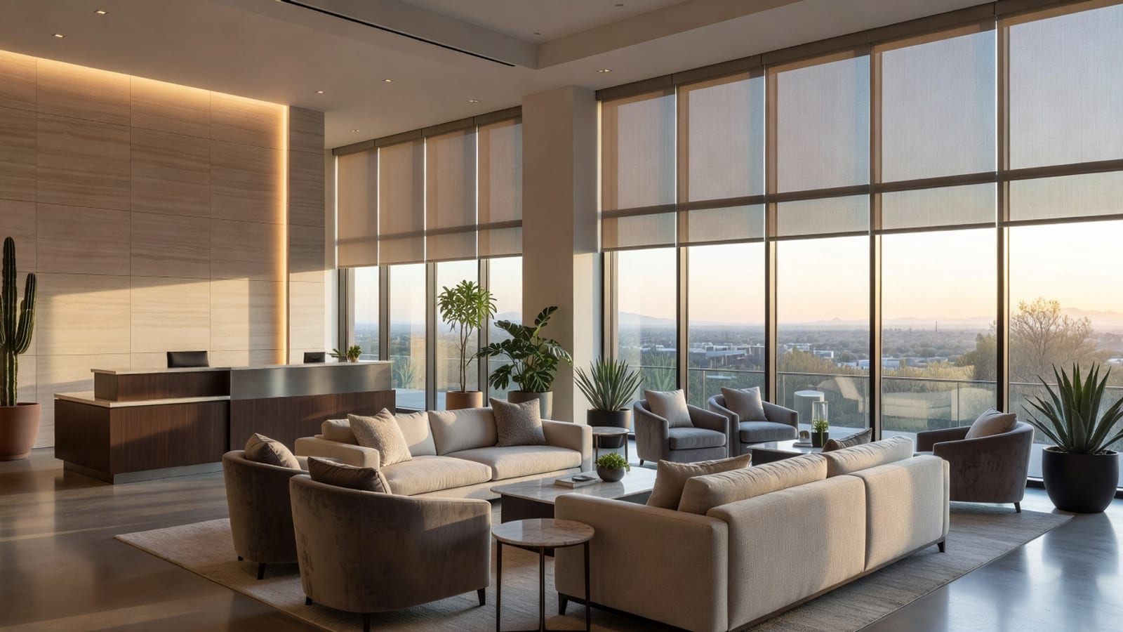 Commercial lobby with automated solar shades on large windows.