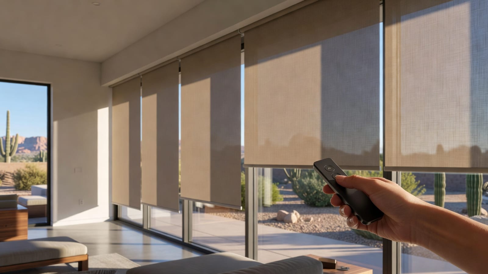 Homeowner adjusting motorized roller shades with a remote in a Phoenix home.