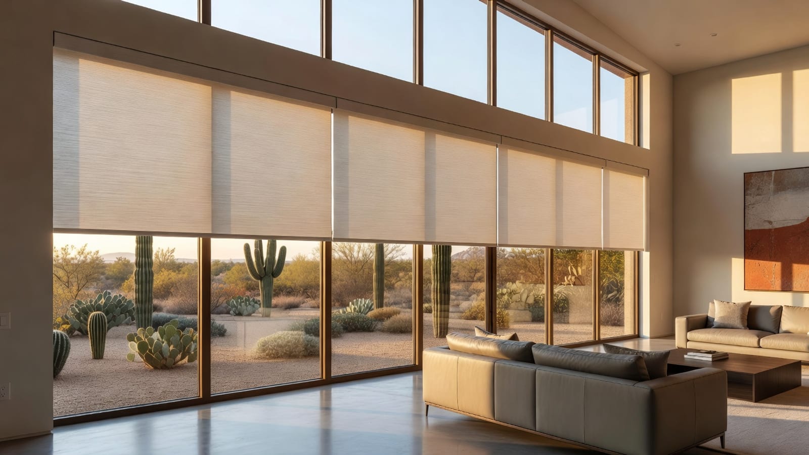 Tall Phoenix great-room windows with motorized shades lowered for afternoon sun.