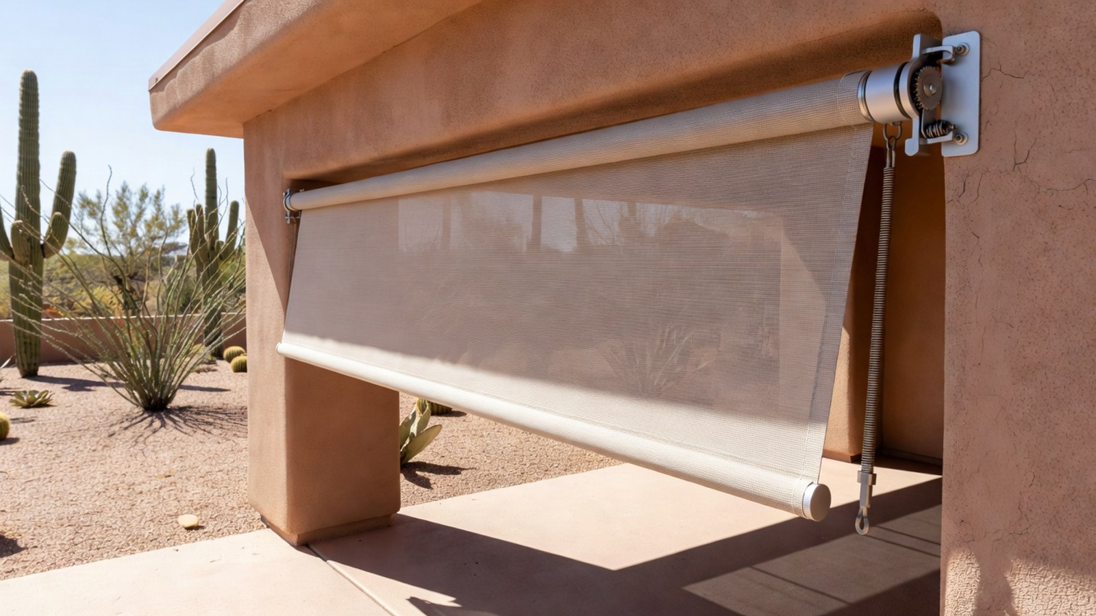 Outdoor shade fabric and roller hardware mounted on a Phoenix patio.