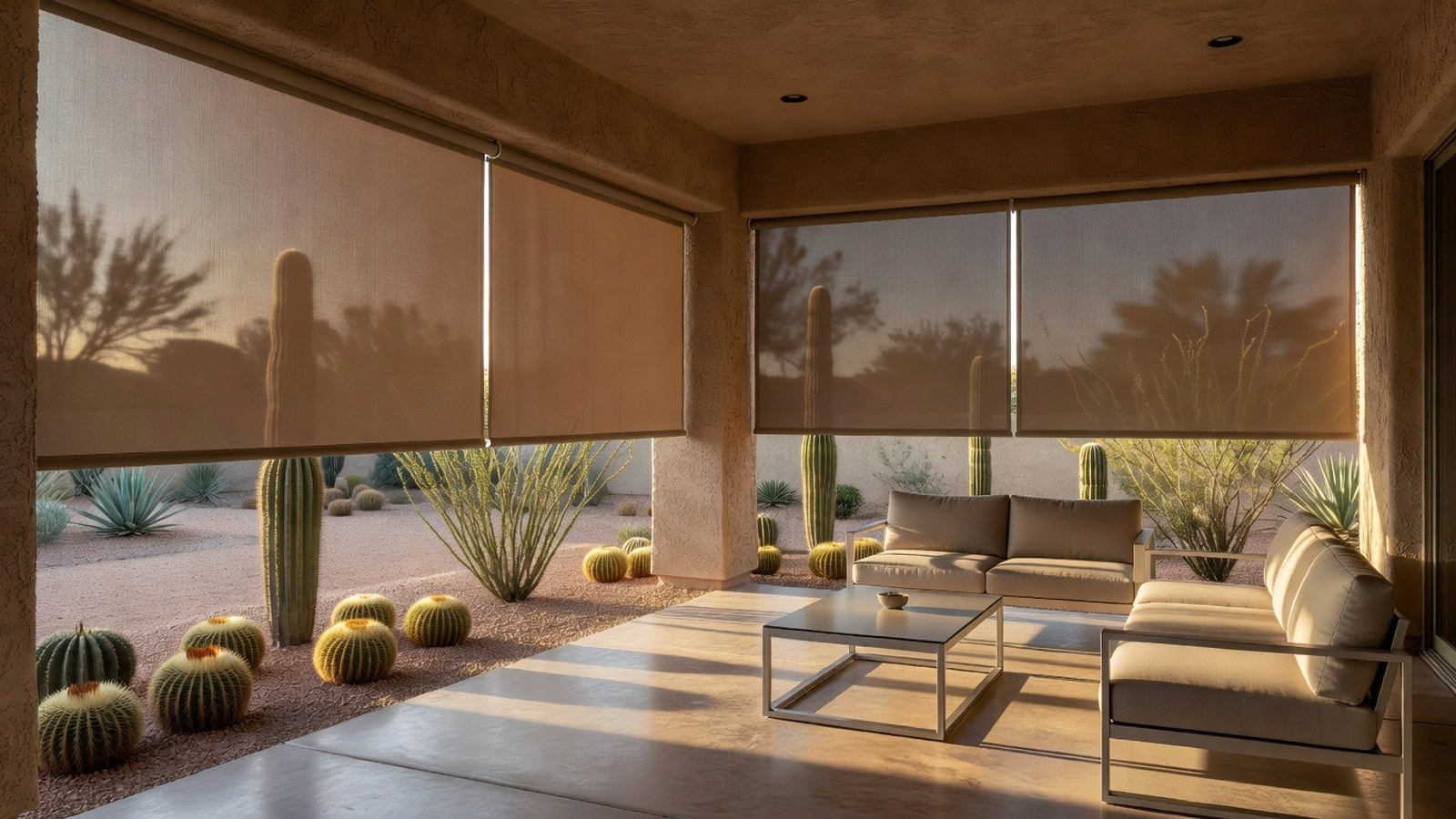 Outdoor patio shades filtering intense sun on a Phoenix stucco home patio.
