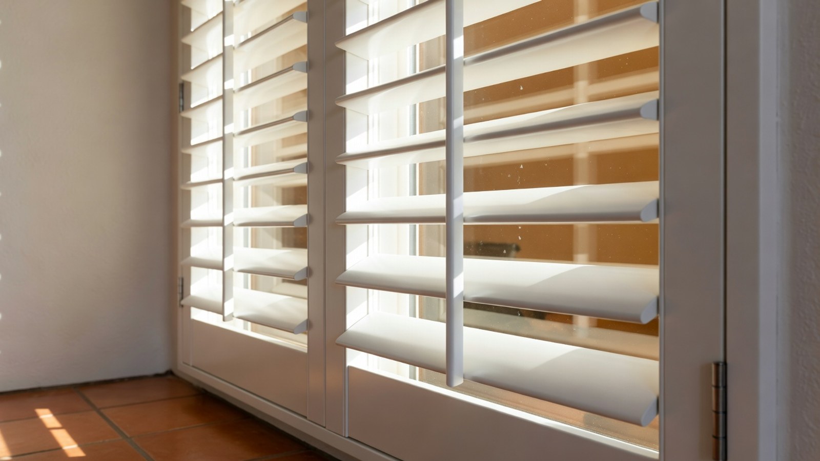 Close-up of plantation shutter louvers tilted to control bright Phoenix sunlight.