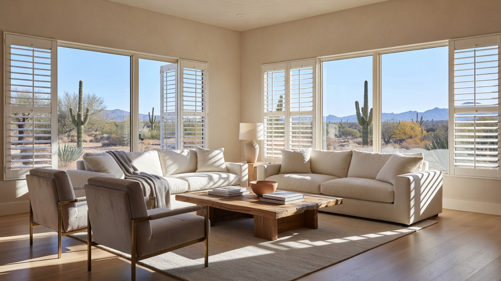 White plantation shutters filtering bright Arizona sunlight in an upscale Phoenix living room.