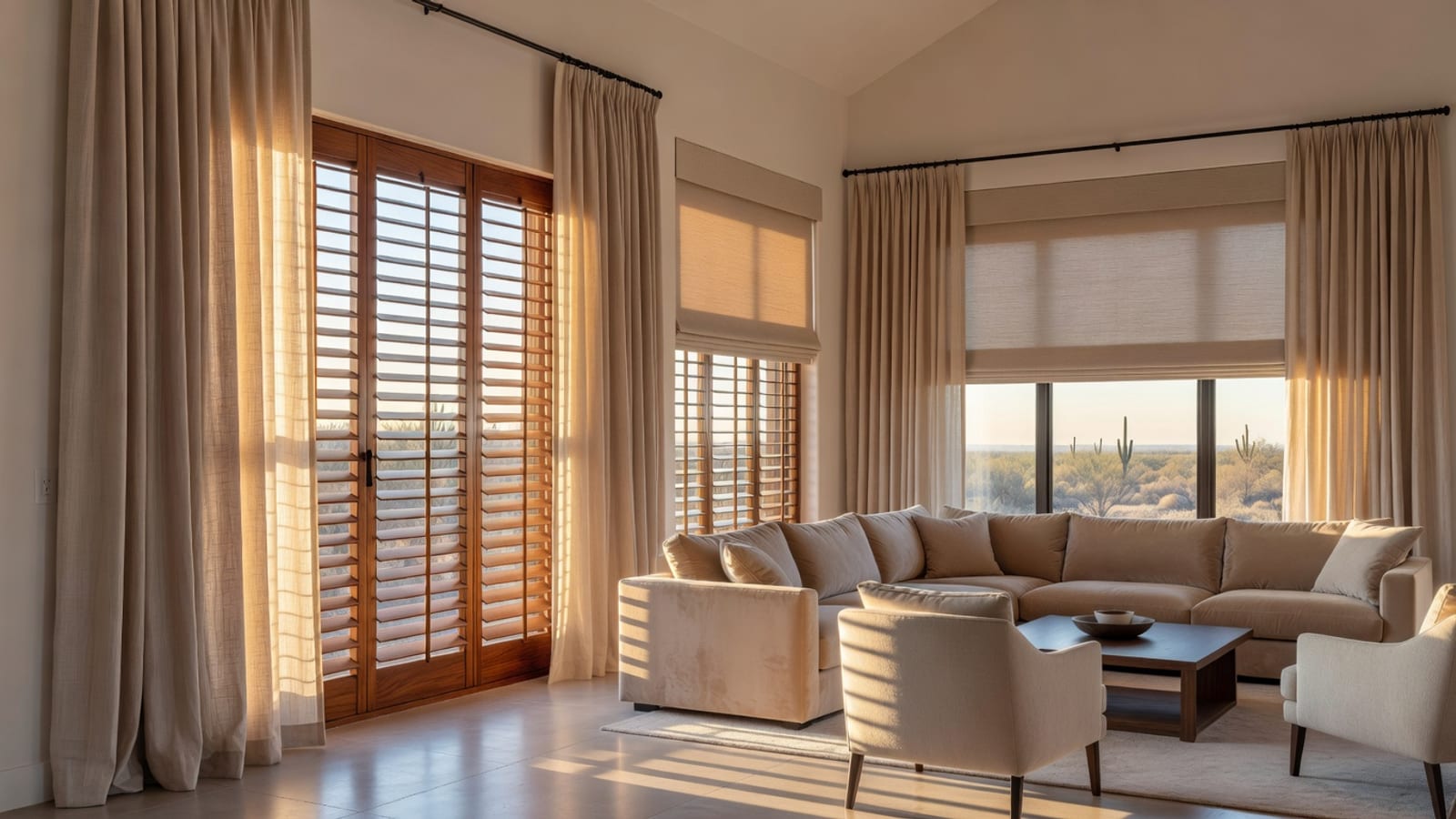 Layered shutters, shades, and drapery controlling Arizona sunlight in a Phoenix living room.