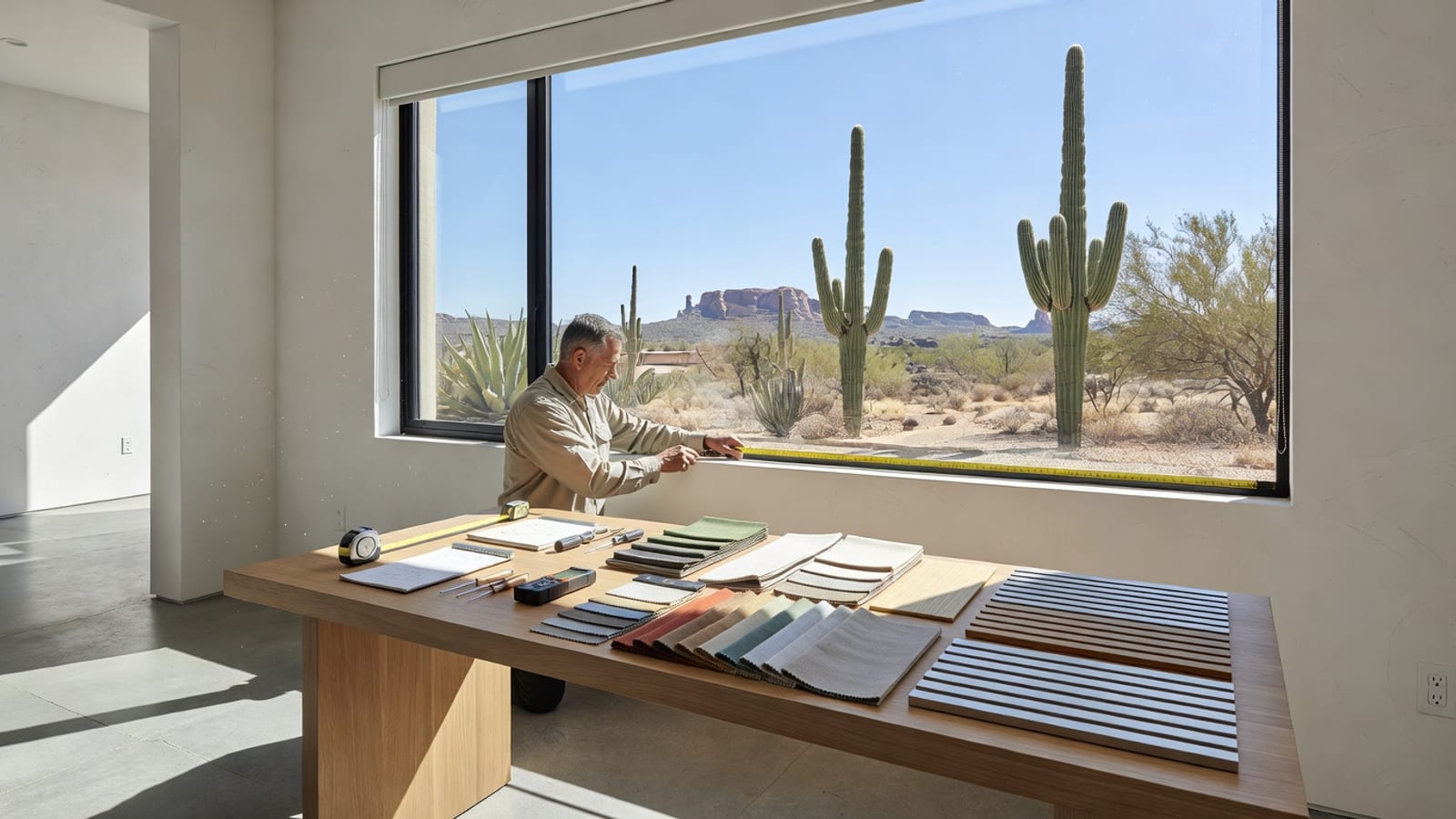 A window treatment specialist measuring a Phoenix window with product samples nearby.