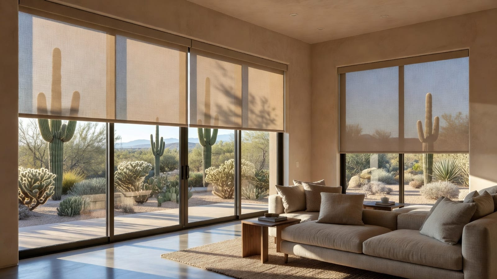 Solar shades on large Phoenix sliding glass doors filtering glare while preserving a desert view.