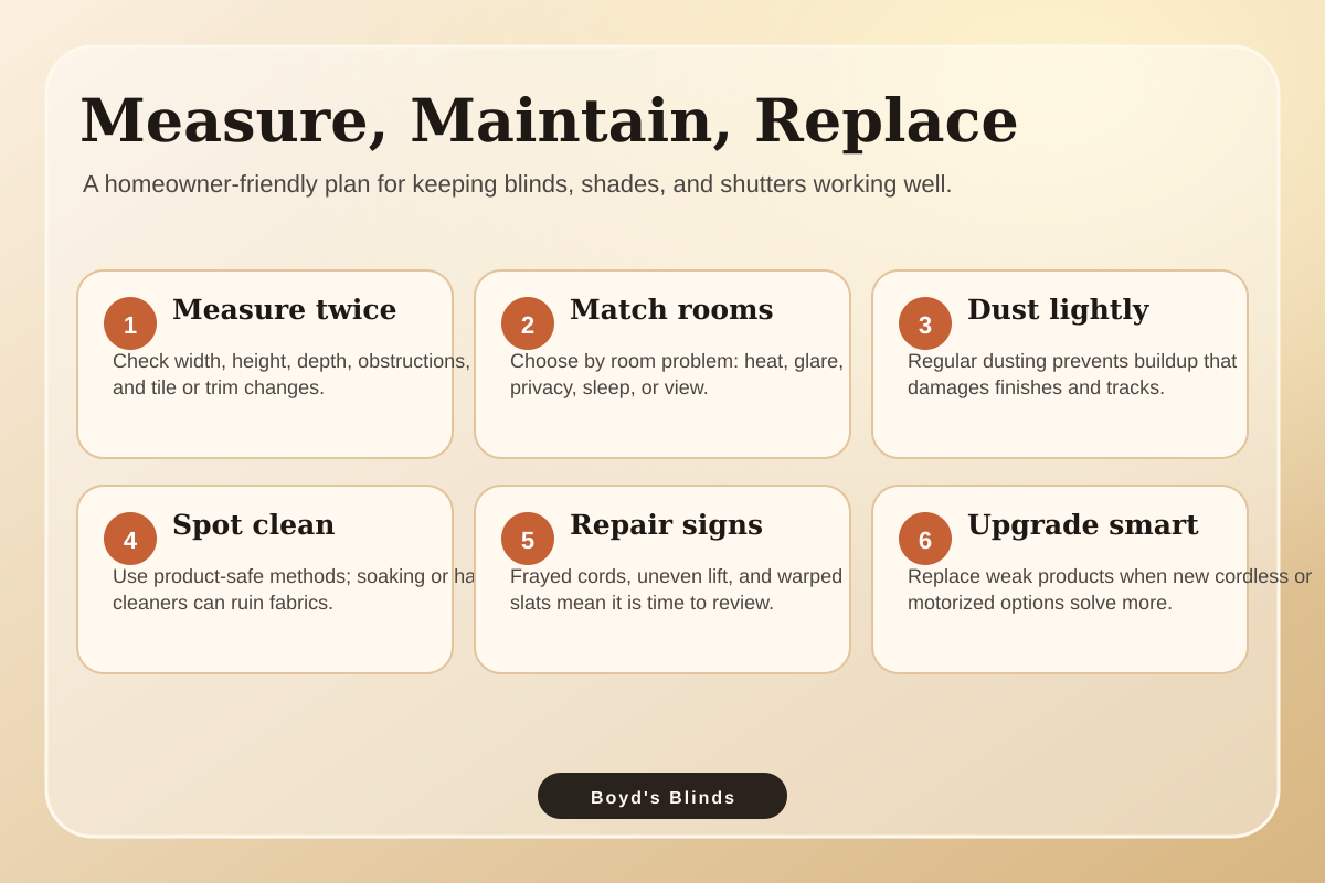 Infographic checklist for measuring, maintaining, and replacing window treatments.