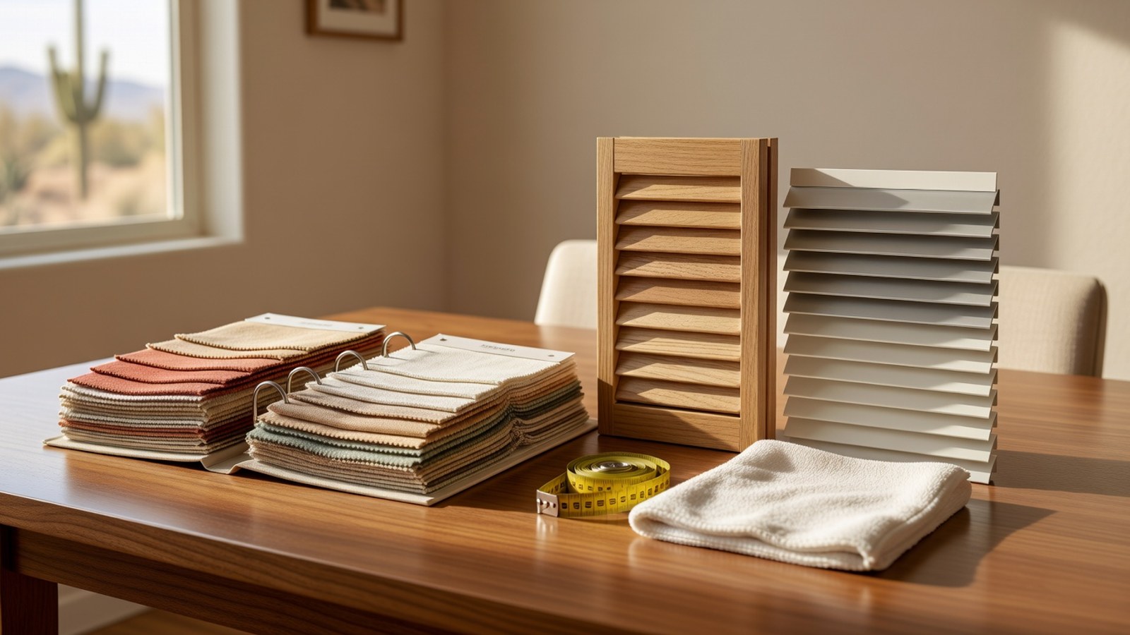 Window treatment samples, measuring tape, and care cloth used during a Phoenix consultation.